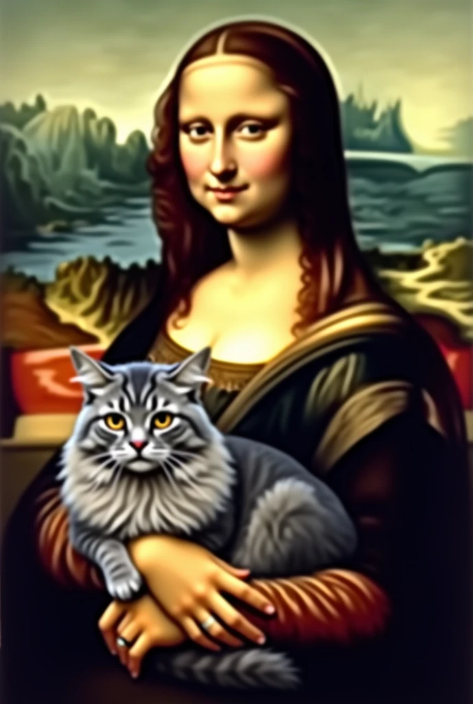 Mona Lisa, with long haired gray tabby cat, black and brown on the lap in 8k