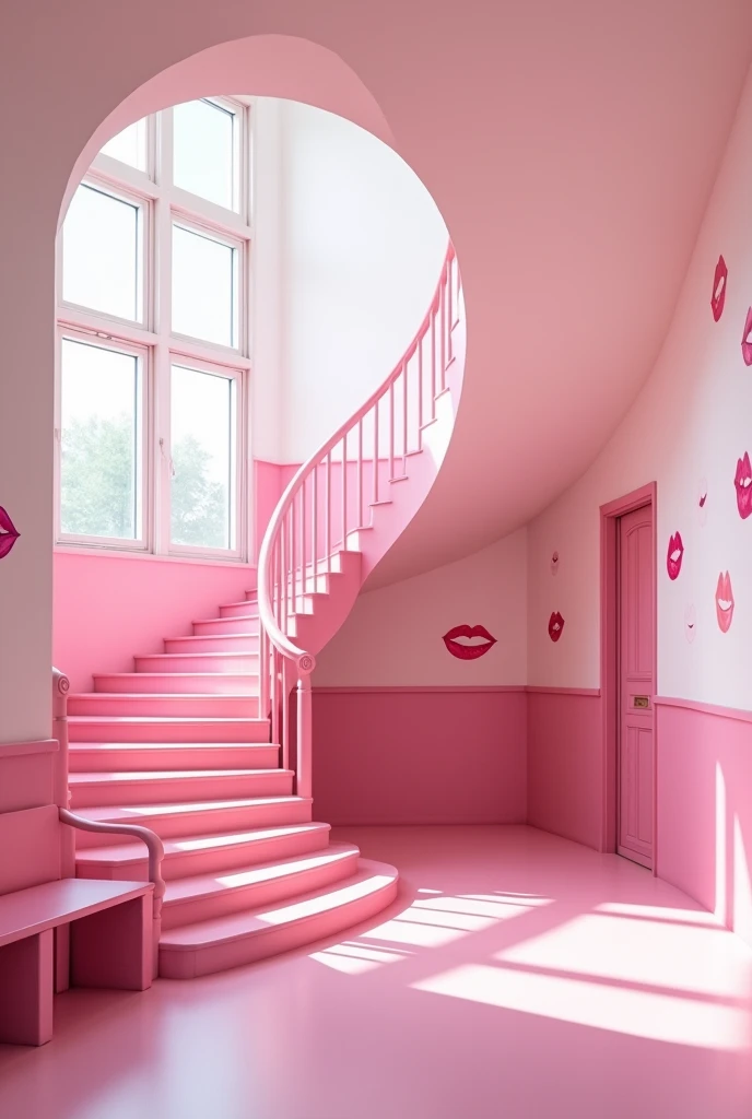 (photorealism:1.2)
Looking up a pink school staircase in a pink and white classic school From the pink classic school hallway,
Along the hallway there are some There's a long pink bench along the hallway, there are many drawings of 💋 can be seen on the walls,
high resolution, masterpiece, best quality, intricate details, highly detailed, Hiperrealistic