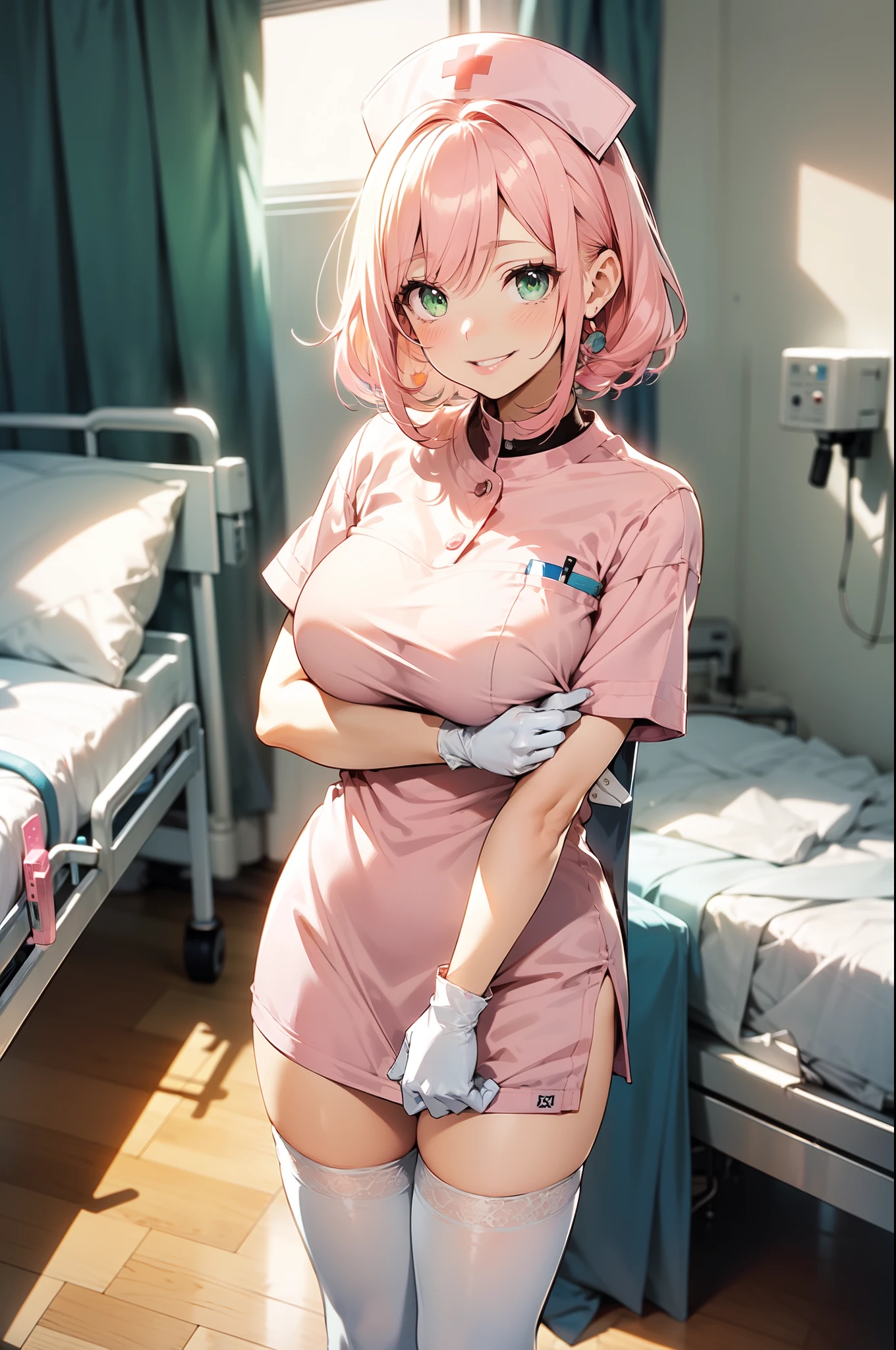1woman, solo, nurse, white nurse cap, white nurse uniform, ((white legwear, zettai ryouiki)), white gloves, pink hair, green eyes, drooping eyes, pink lips, smile, standing, ((hospital room)), sharp outline, short sleeves, mature female, 3, best quality, masterpiece