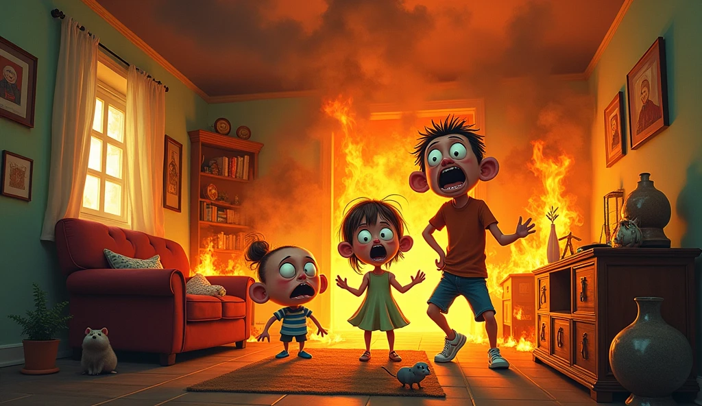Funny faced family burning in home
