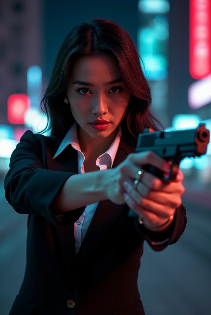 

"A cinematic hyperrealistic posterized version of beautiful lady women with black suit sharp nailed full body white inner shirt  night city background movie title at above wrote GAMPANG the movie  head pose at front right hand hold pistol Glock 17 running action