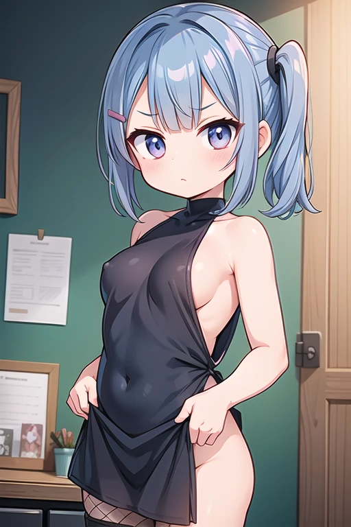 1 Cute naughty Assassin girl, Pastel colors hair, medium breasts, (Thighs, fishnet pantyhose, ninja costume), short hair, (dark blue hair:1.2), (naked:1.3), (forehead:1.2, bangs pinned back, asymmetrical bangs, hairclip, side ponytail:1,2), standard height, (Serious, Large eyes, yuruyuri), at the adventurer's guild, A bulletin board with posted paper