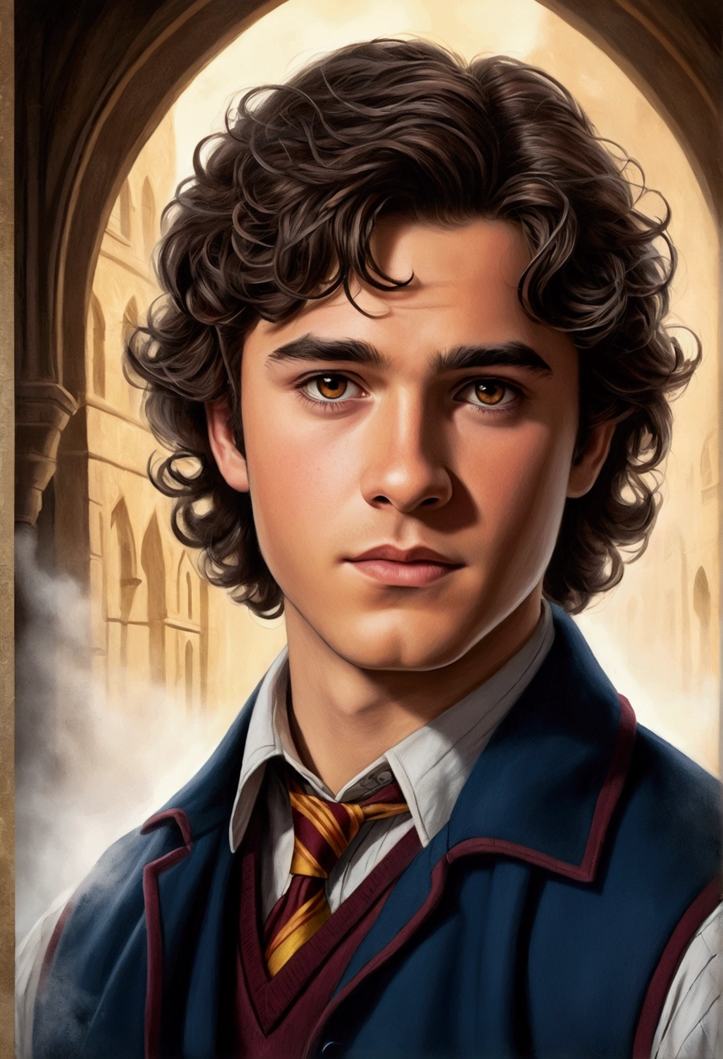 An illustrated movie poster, hand-drawn, full color, a age Hogwarts student, 18-years-old, male, wearing a maroon vest and navy blue slacks, brown eyes, brown-black hair, voluminous curly mane, suntan complexion, medium height, broad shoulders, rugged scruffy appearance, lots of body hair, resembles Dean Cain, standing in a foggy Hogwarts courtyard, hard shadows, graphite shading, stencil marks, airbrushed acrylic paint, masterpiece, in the style of the Deathly Hallows