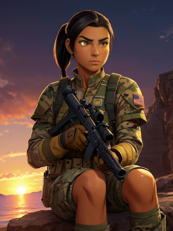 (26 year old:1.3), (tanned bronze skin:1.4), (Yellow colored eyes:1.4), (Short Black Hair:1.3), (Pony-Tail hair style:1.3), (Athletic:1.4), (Wearing: USA marine corps uniform, camouflage military uniform, armor and gloves), army girl, soldier girl, infantry girl, (sunset :1.2),(Sitting with hands holding a rifle:1), (Calm expression), looking at viewer, color connection, colorized, vibrant color scheme, colorful, spot color, cinematography, hyperdetailed, beautiful face, 4k, HD, artstation trending on artstation,