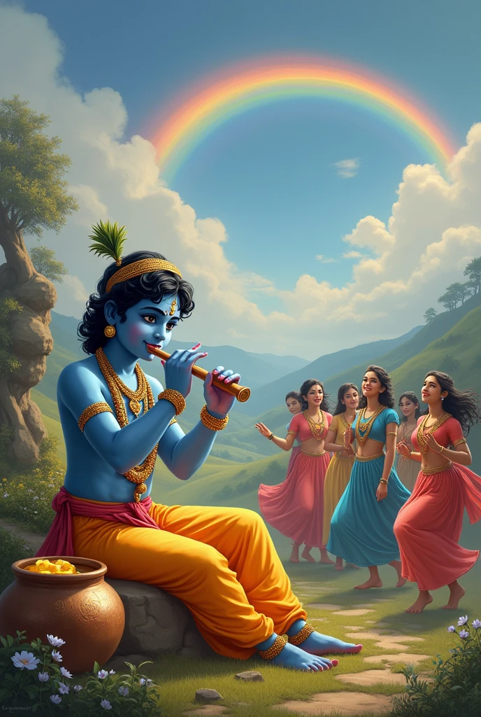 6 years lord krishna, play the flute, woth a pot full of butter besides him, many girls dancing around the krishna, in the sky rainbow is showing
Make realistic image