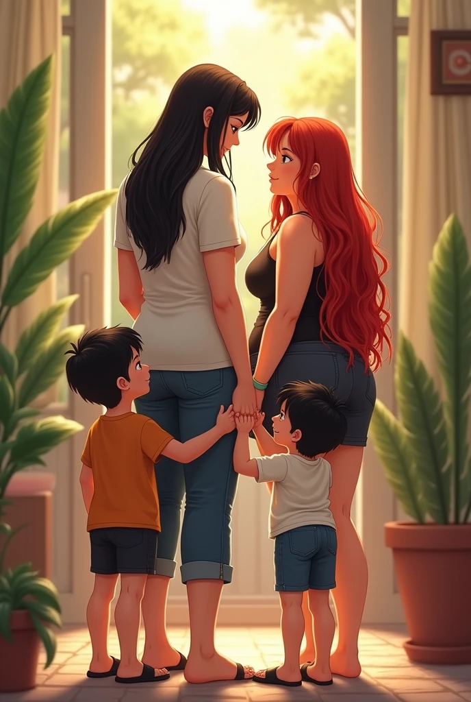 Taller black hair mature women wearing t-shirt holding hand with long red hair mature women with big breast wearing singlet and she have two little sons with black hair Standing Besides them playing together  