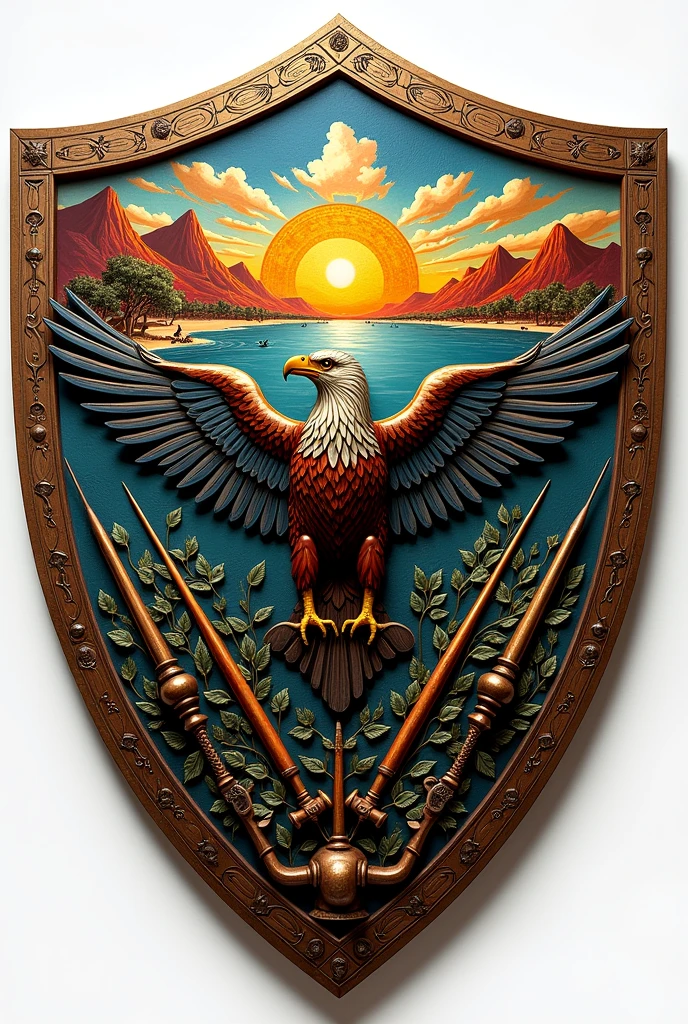 Make a Colombian shield with: ethnicities, Weapons, landscapes, A Condor, democracy
