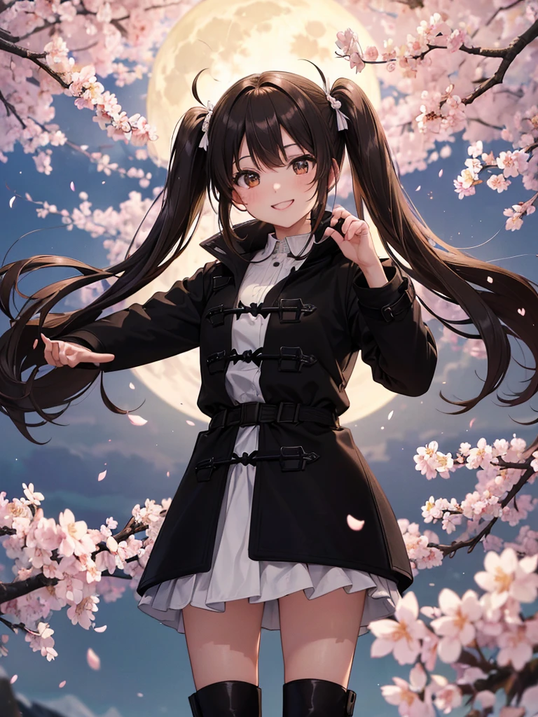 (16K,Ultra-high resolution,Highest quality,masterpiece,Super detailed,Perfect lighting),A nostalgic future,Superpowered girl,Brown Hair,Shoulder-length twin tails,Straight hair that reaches to the waist,((Black coat:1.3)),White shirt,Beige mini skirt,Cherry blossom trees,spring evening,full moon,Brown short boots,Smiling at the audience,