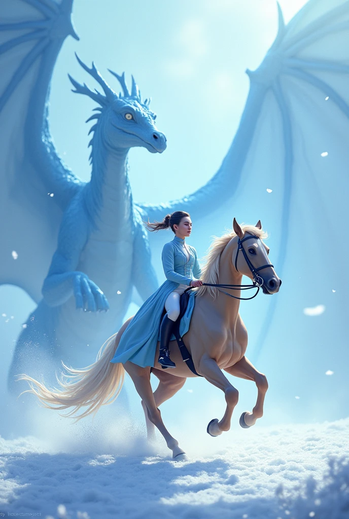 Light brown horse,Dressage rider in light blue,light blue background,blue dragon,Writing: Frosty Dragons, Snowflakes,fantasy