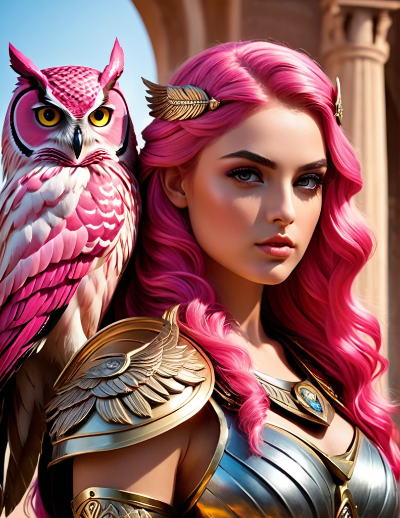Very attractive 25 year old caucasian female with long wavy bright pink hair, Draw Athena greek goddess with armour and an owl on her shoulder.