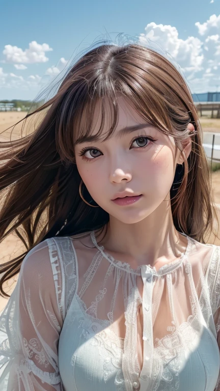 (Perfect Anatomy:1.2)(Absurd, High resolution, Super detailed),masterpiece,Highest quality,High resolution,8k,Realistic Face,Realistic skin texture,Expanded Texture, ,Amazing clarity,Cowboy Shot,View the viewer、blush、Angle from below、Background is sky、((Looking down at the ground from above))、Hair blowing in the wind，amount、looking at the camera、sheer