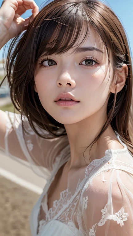 (masterpiece:1.3), Highest quality、Ultra-high resolution, Very detailed, Very detailed CG Unity 8k 壁紙, Realistic, photo-Realistic, RAW Photos, Beautifully detailed face, Pale skin, Realistic glistening skin, Detailed cloth texture, Detailed hair texture, Perfect body, Beautiful Face, Accurate, Anatomically correct, Highly detailed face そして skin texture, Natural neck length, (Fair skin:1.2), Good teeth alignment, 
Symmetrical eyes, dolly make、double eyelid, Thin eyebrows, (Glossy Lips:1.4), (Sad face:1.2),
(classy and cute girl:1.3), 
(Large Breasts:1.4), Cleavage, Beautiful clavicle, 
(Wavy long hair:1.2), ((Asymmetrical bangs:1.2)), A tight dress that clings to the breasts、Micro Mini、Voluptuous thighs、A photo showing you from head to knees、Focus on the thighs