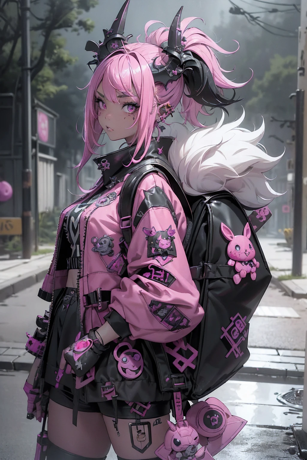 (Highest quality、8k、32K、masterpiece、Hmph:1.3)、(Photorealistic:1.4),(Shoot from the front,View your viewers:1.5)、((18-year-old punk girl,Unusual punk hair:1.3)),((Pink and black punk fashion:1.5)),(Stuffed rabbit:1.5)Studded clothing、((With a bloody bat in his right hand:1.5))、((Black backpack on the back))、(Bright black and pink hair:1.5),Wacky makeup、、Dark Background、A desolate town soaked in rain、Black garbage bags scattered around,Puddles on the road、(Cinema Lighting)、Written boundary depth,Blurred Background、