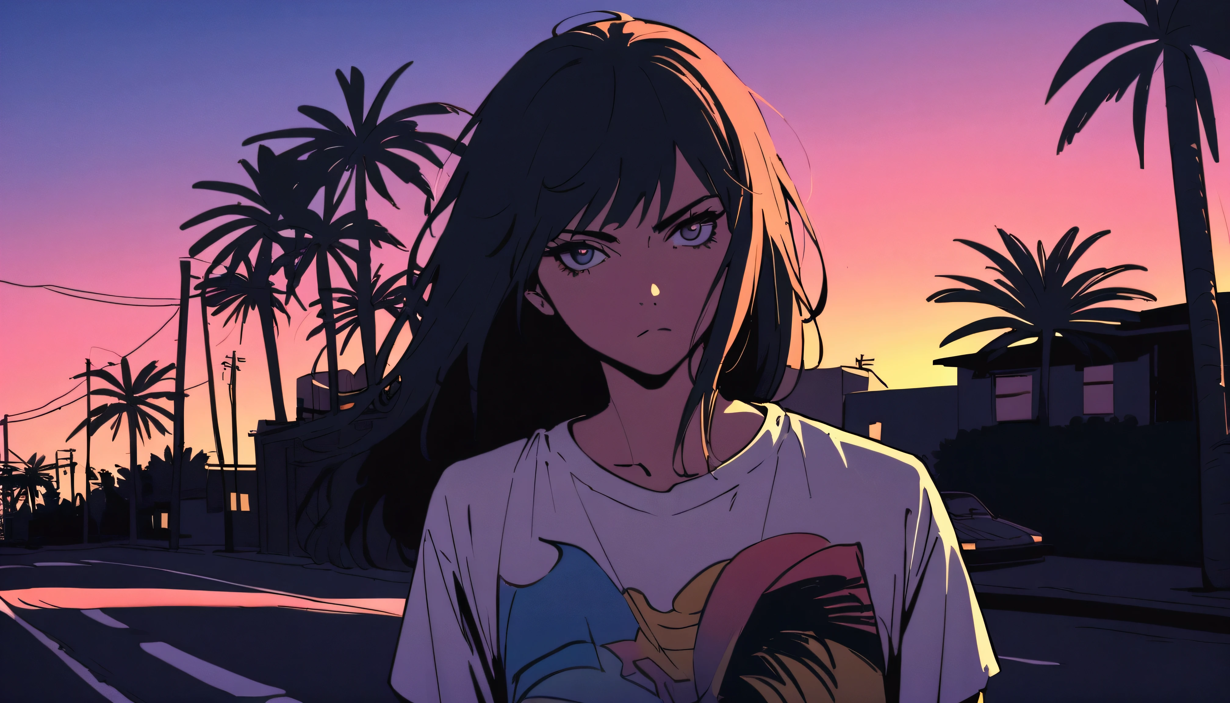 ((ＴShirt Design)), 1983 Porsche 924, Sunset background, Palm tree, Layers with 5 colors, Corner of the street, Berek's drum, Plethean, 