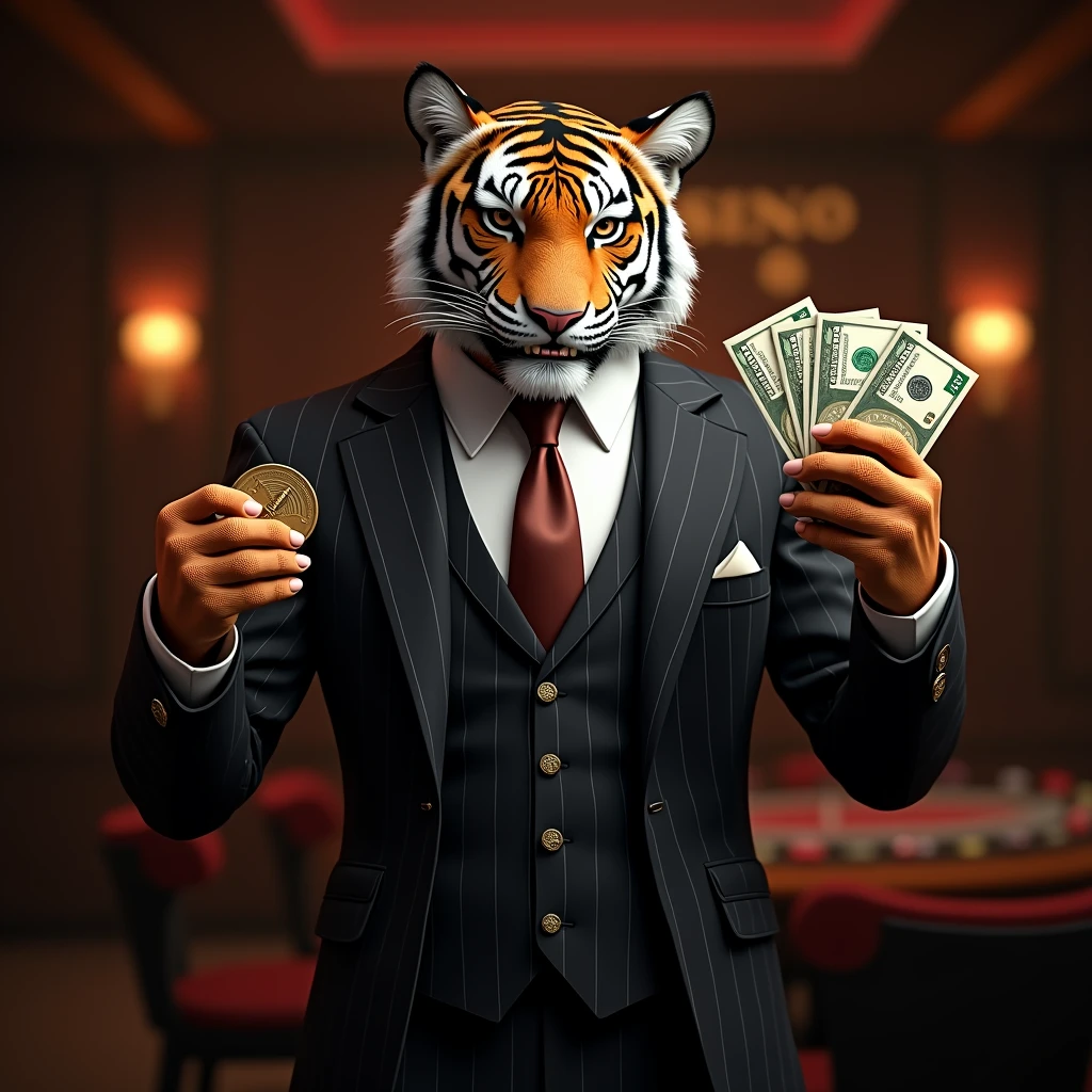 Create a tiger in a suit looking like a casino owner, offering casino tokens in one hand and banknotes in the other, The image must be on the front and bring it closer to the screen, leave the background dark preferably but so that it is visible to see the casino