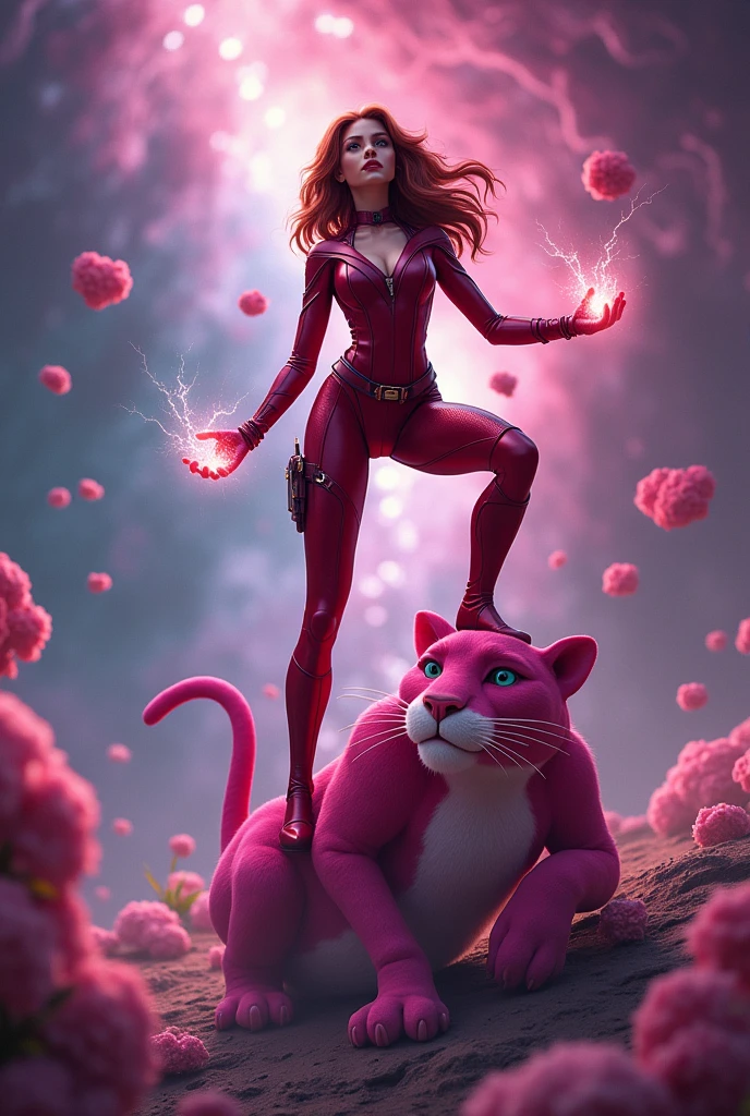Create an image of Wanda Vision stepping on the Pink Panther