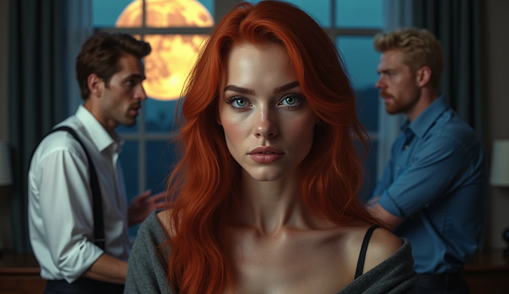 posing at home, 30 year old redhead, making a gesture , large blue eyes, high cheeks, well defined jawline, big eyebrows , (ashen hair) . sexy look, (just face), (full body photo ), 4K, detailded, and two men beside him arguing , they are 2, man 1 has brown hair and man 2 has blond hair, both fair skin, man 1 has brown eyes man 2 has green eyes, man 1 is wearing a white dress shirt and black pants man 2 is wearing a blue shirt. large window in the background with a giant moon 