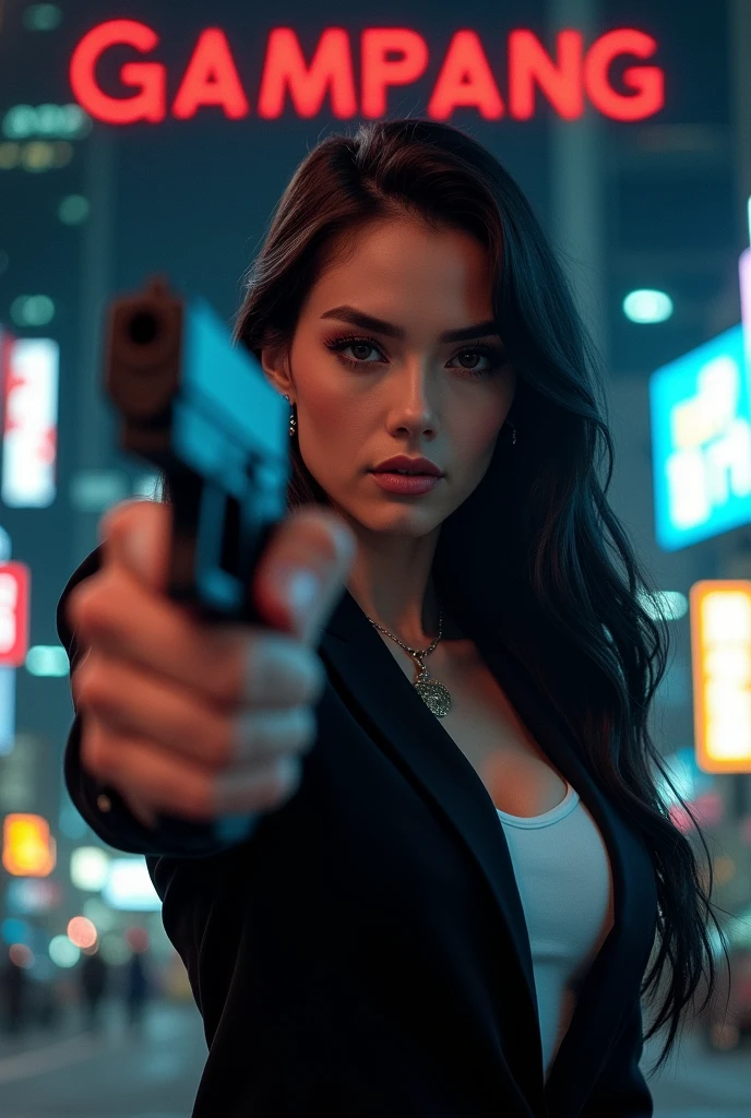 "A cinematic hyperrealistic posterized version of beautiful lady women with black suit sharp nailed full body white inner shirt night city background movie title at above wrote GAMPANG the movie head pose at front right hand hold pistol Glock 17