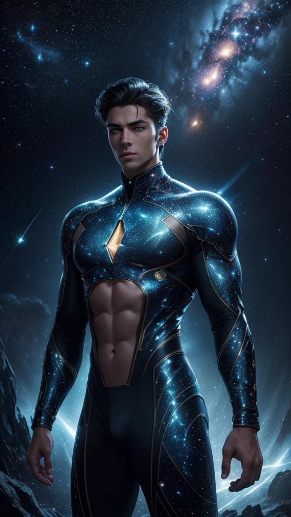 (masterpiece, high resolution, detailed:1.3), a mesmerizing depiction of a (strikingly handsome young man:1.2) donning (wearing transparent see-through futuristic clothes, bulge:1.2), standing against the backdrop of the vast and mysterious cosmos, breathtaking grandeur, LED internal lighting, cyberpunk style, fibre optic hair, glowing blue iris, muscular, best quality, masterpiece, His (toned physique:1.2) is bathed in the soft glow of distant stars, creating an otherworldly aura. As he gazes out into the depths of space, his (intense blue eyes:1.2) reflect the wonder and curiosity of his cosmic journey. The intricate details of his attire and the (subtle gleam:1.2) on his skin are meticulously captured, lending an air of realism to the scene. The celestial expanse behind him is a tapestry of (nebulous formations:1.2), (dazzling galaxies:1.2), and (shooting stars:1.2), a breathtaking testament to the beauty of the universe. This artwork melds the allure of a beautiful man with the awe-inspiring vastness of space, evoking a sense of both intimacy and grandeur. intricate details, dynamic pose, dynamic angle, (surreal), (illustration), ((oil painting \(medium\):1.2)), sharp focus, soft lighting, vibrant colors, cinematic photography, dynamic angle, volumetric lighting, film grain, hard shadows