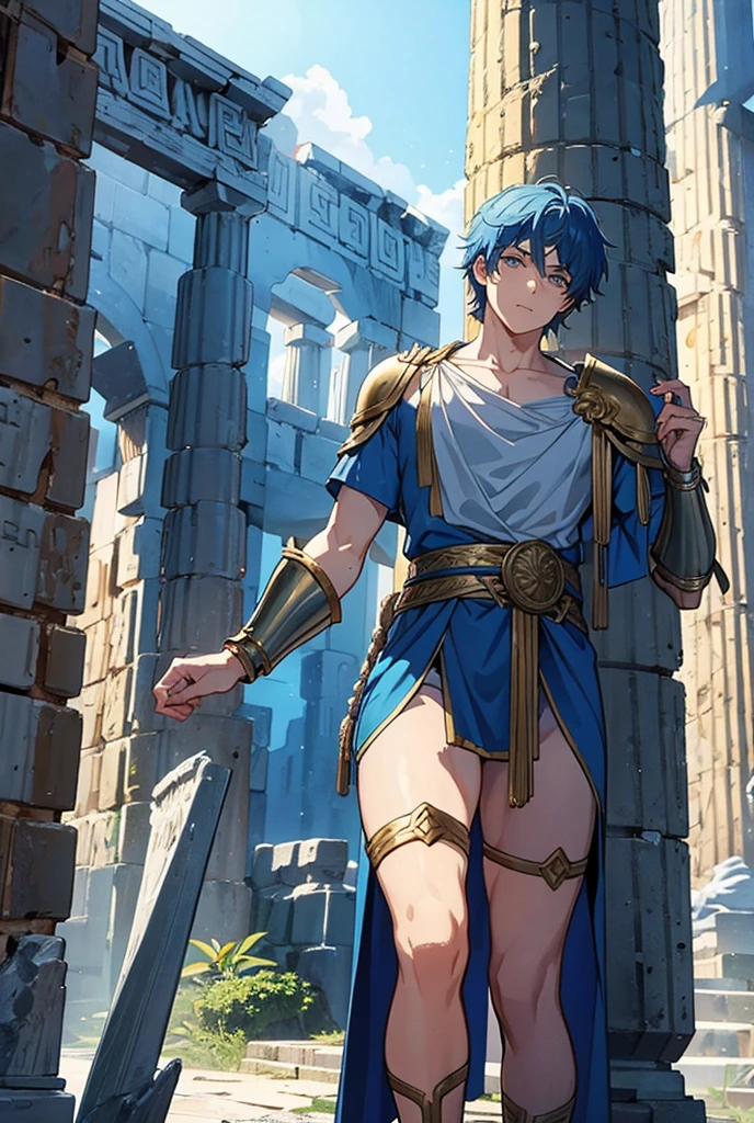 demigod son of poseidon, ((Ancient Greece)), 30 year old man, blue clothing, Full Armor, tails 