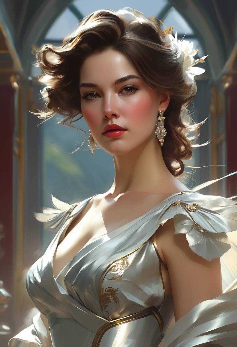 Elegant woman wearing a fancy dress, elegant, digital painting, concept art, smooth, sharp focus, illustration, from Metal Gear, by Ruan Jia and Mandy Jurgens and William-Adolphe Bouguereau, Artgerm