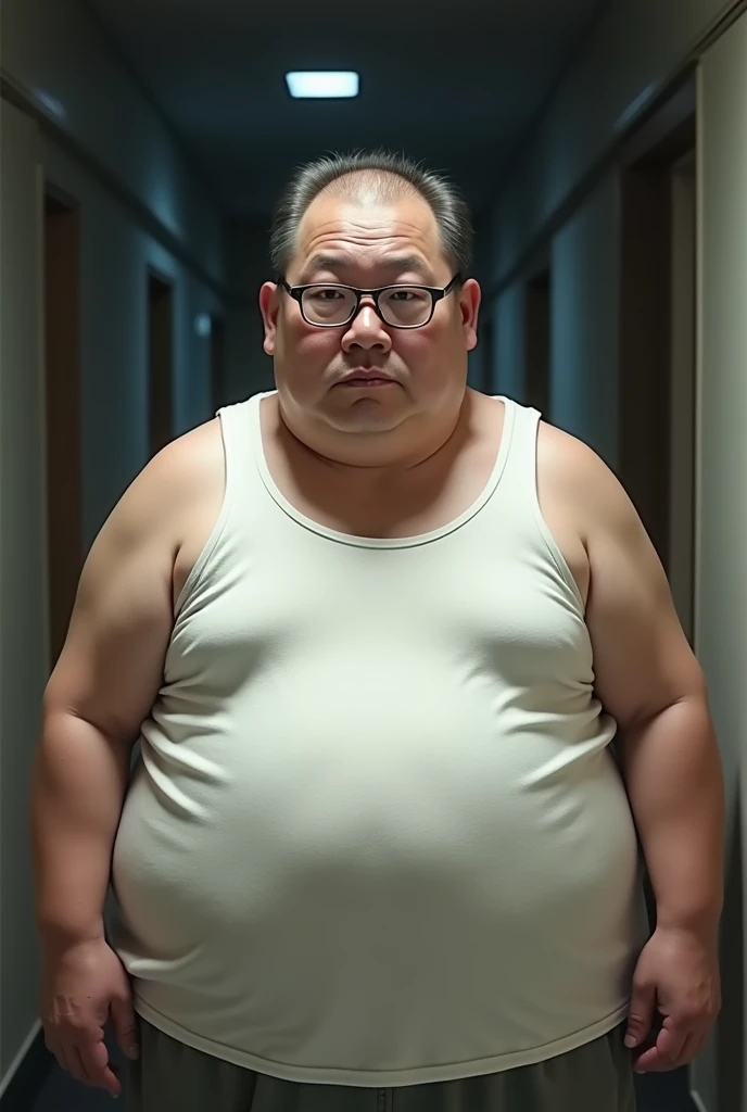 Old man, fat, glasses, loser, Japanese, white tank top, 50s