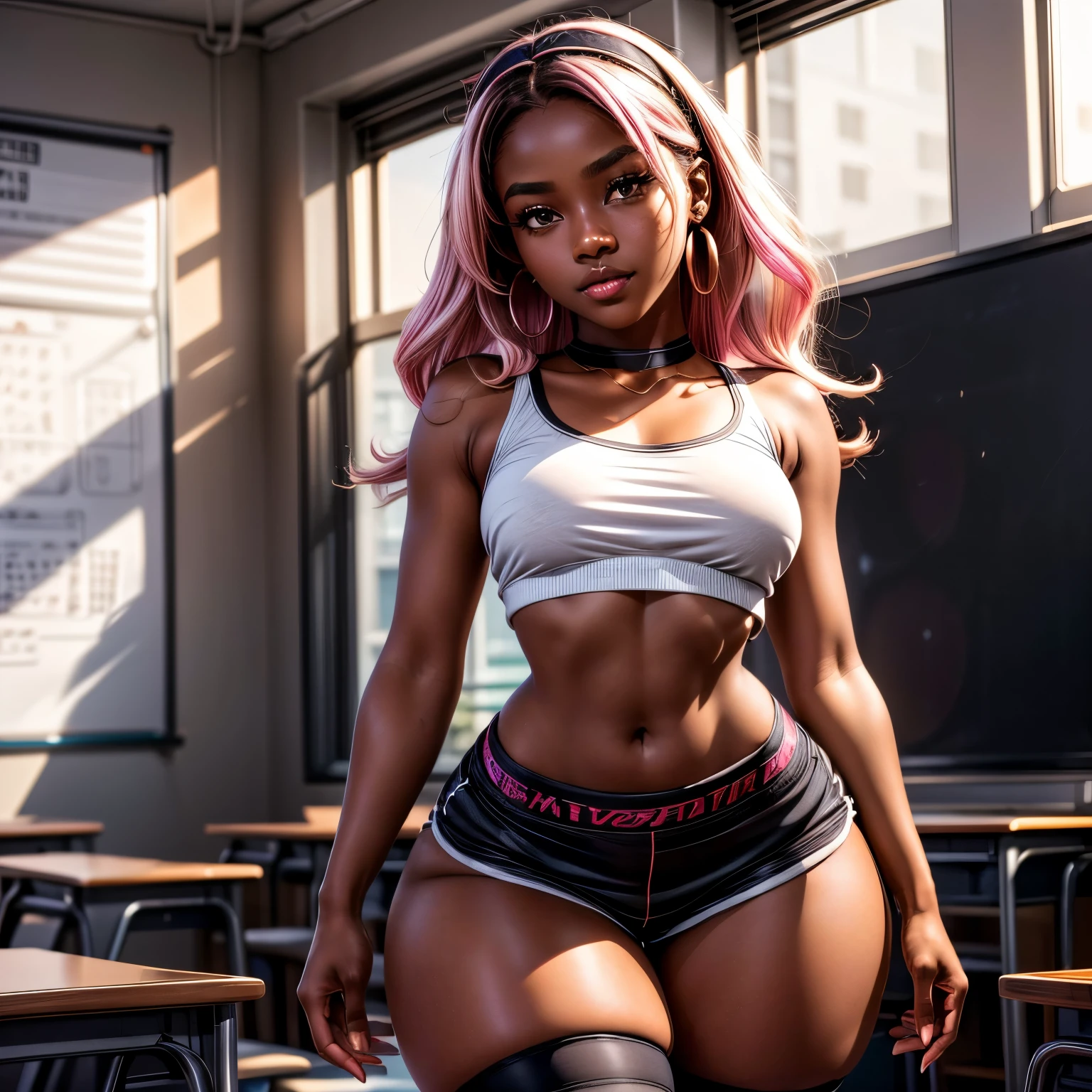 Highest Quality, masterpiece, beautifully detailed eyes, (dark skin), short Blonde Hair, Gradient Hair, pink highlights in hair, large breasts, wariza, makeup, glossy lips, full lips, classroom, cheerleader, light smile, midriff, collarbone, thigh highs, miniskirt, thick thighs, (large breasts), Masterpiece, high quality, high resolution, volumetric lighting, subsurface scattering, 8k, Beautiful woman, (dark skin), phillipino, college student, uniform, (round-butt), (large breasts), (tight-blouse), (cotton-shorts:1.2), wavy hair, headband, hoope earings, classroom, sexy pose, seductive pose, thick thigh