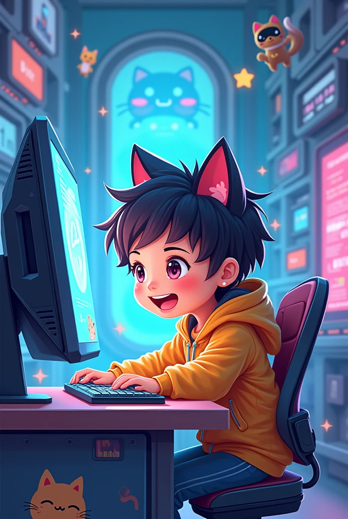 Cover for computer notebook design , cheered up. Child in systems laboratory, on the computer, catification