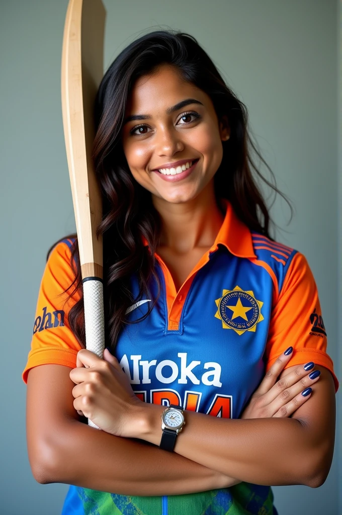 Indian actress rashmika mandana wearing indian jercy and holding bat 
