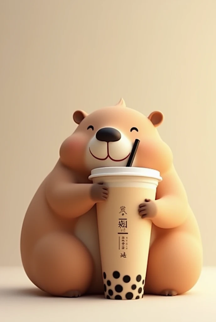 Capybara hugging a minimalist and elegant bubble tea that serves as a brand 
