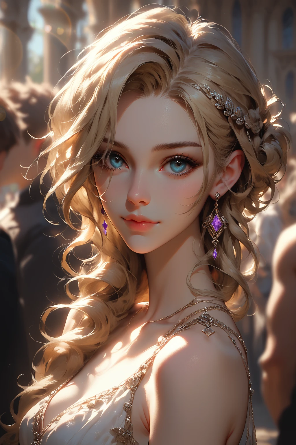 A sultry blonde bombshell, with luscious locks and subtle blond tips, sashays shamelessly across the dimly lit bar. Shallow depth of field and Chiaroscuro Lighting Style create a dramatic atmosphere, partially covering her in shadow. The crowd blends into the background as she strikes a provocative pose, bathed in a warm glow. Lens flare: 0.4, Cinematic Bokeh: 1.3,Expressiveh,concept art,dark theme,Painstaking Attention To Details