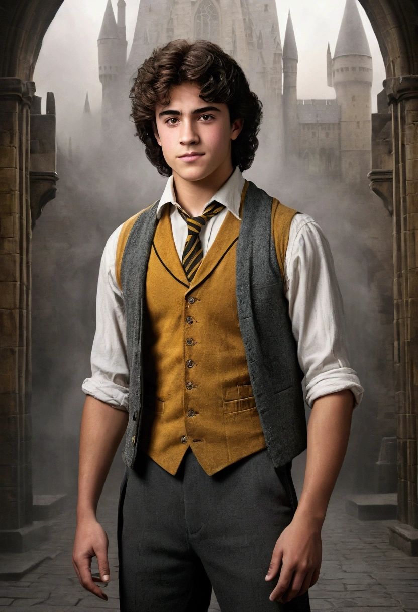 An illustrated movie poster, hand-drawn, full color, a age Hogwarts student, 18-years-old, male, wearing a golden vest and charcoal slacks, brown eyes, brown-black hair, voluminous curly mane, suntan complexion, medium height, broad shoulders, rugged scruffy appearance, lots of body hair, resembles Lou Ferrigno, standing in a foggy Hogwarts courtyard, hard shadows, graphite shading, stencil marks, airbrushed acrylic paint, masterpiece, in the style of the Deathly Hallows