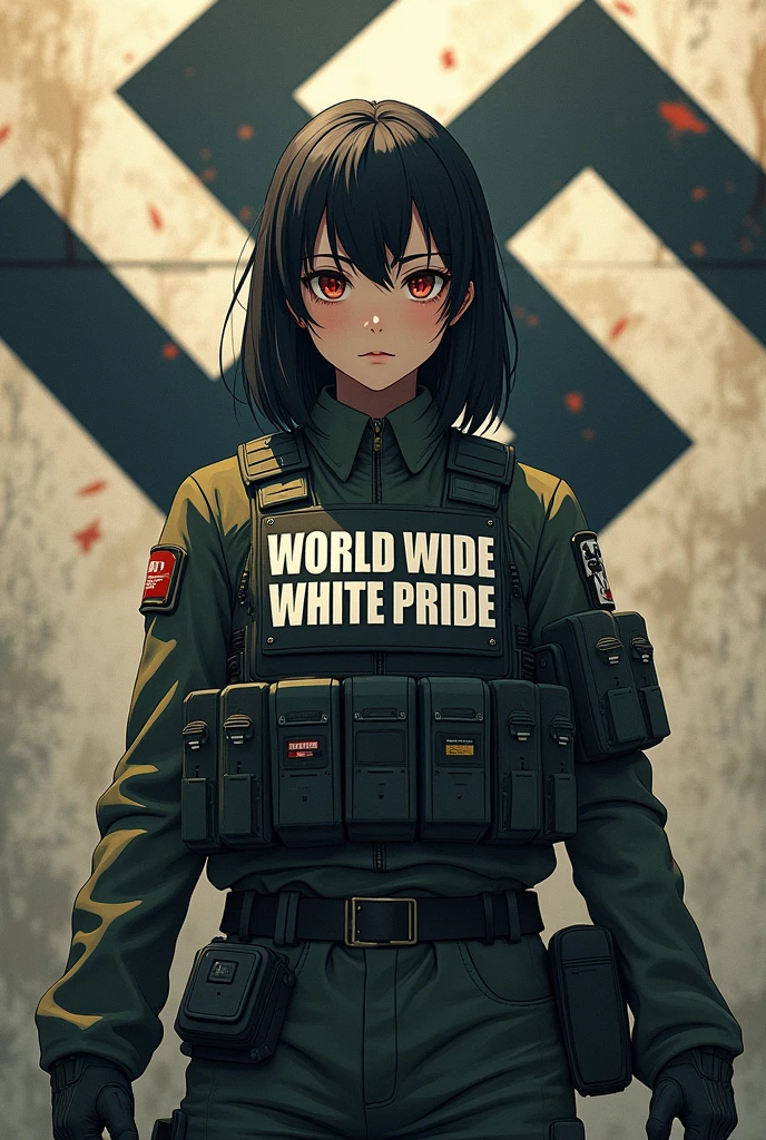 Anime girl militaire avec un patch World wide white pride écrit en gros sur son gilet par balle , avec une énorme croix gamme derrière elle , 