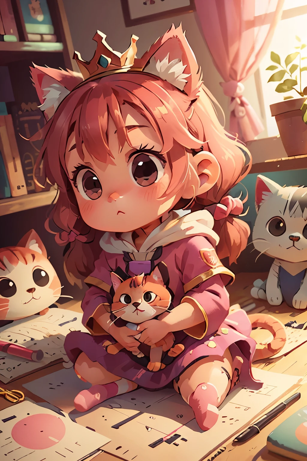 Little, Cat, cute, pink cat princess, big badejo, whole body, masterpiece, 3D rendering, highest quality, lots of details, (plain background), vinyl toy figurines