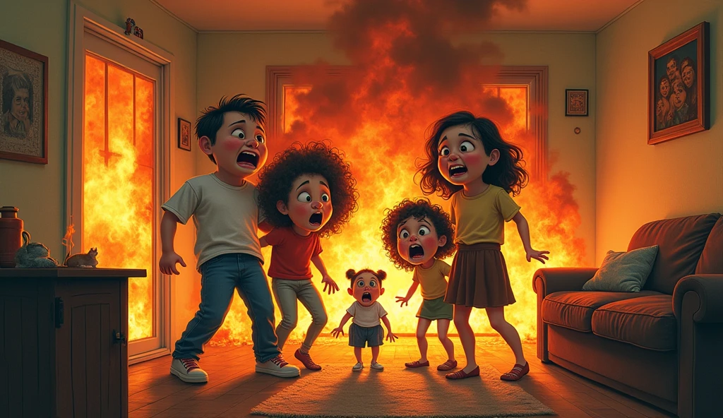 Funny faced family burning in home