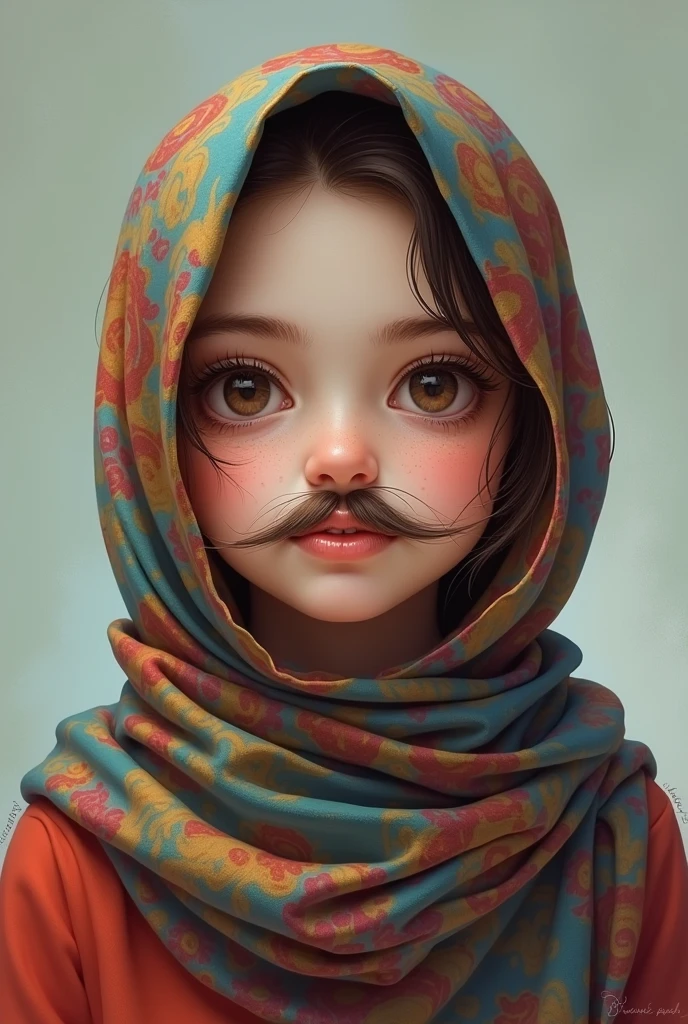 A girl in a hijab with a mustache
