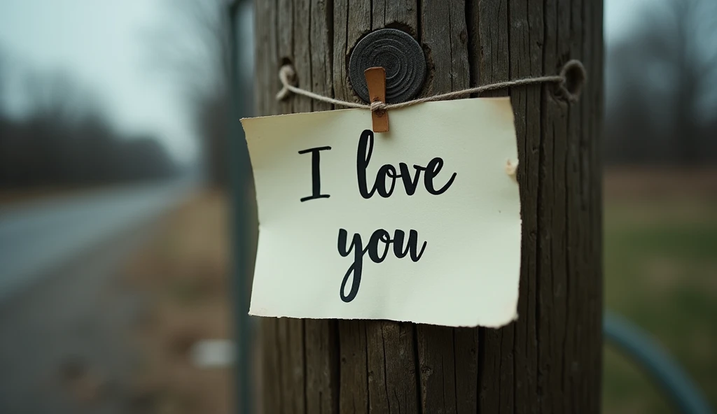 A film shot of a sheet of paper stuck to a post with the word I love you written on it.
