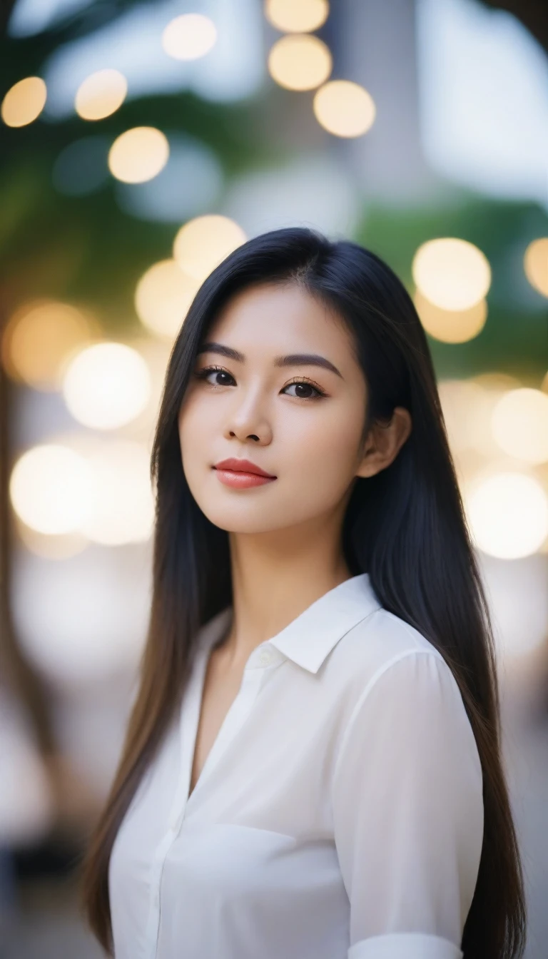 Close-up photo of a beautiful Thai woman, Bust size 34 inches, straight hair, front view, Wear a white shirt., bokeh background, Polaroid Photos, UHD