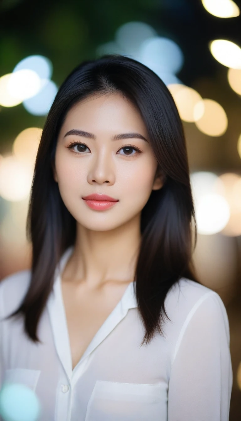Close-up photo of a beautiful Thai woman, Bust size 34 inches, straight hair, front view, Wear a white shirt., bokeh background, Polaroid Photos, UHD