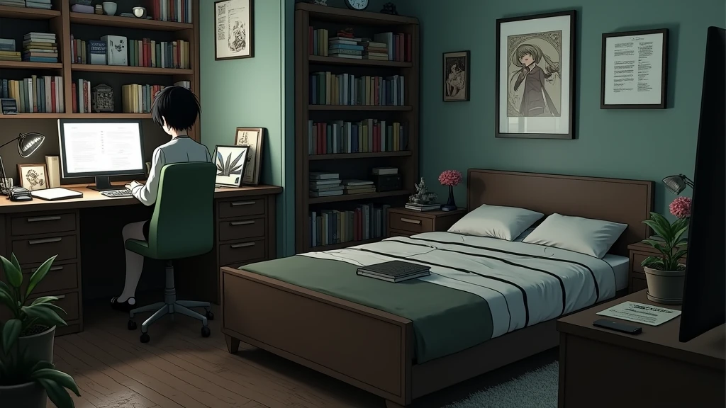 a bedroom of a nerdy anime girl, on the style of the "Death Note" anime series, (no-character:1.4), masterpiece, precision