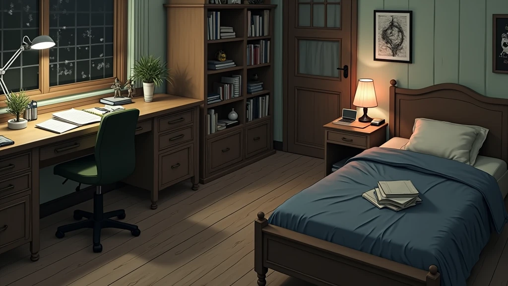 a bedroom of a nerdy anime girl, on the style of the "Death Note" anime series, (no-character:1.4), masterpiece, precision