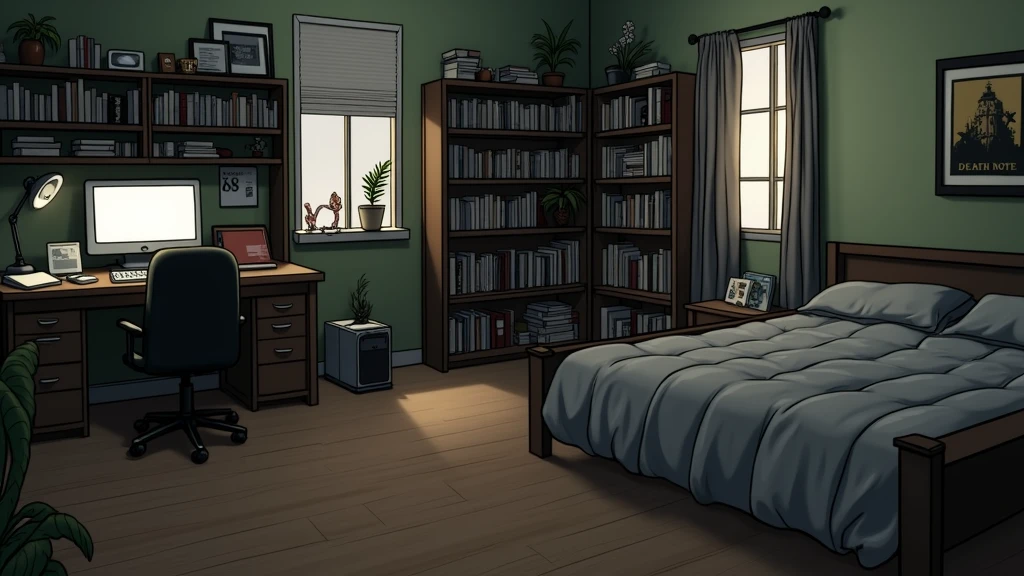 a bedroom of a nerdy anime girl, on the style of the "Death Note" anime series, (no-character:1.4), masterpiece, precision
