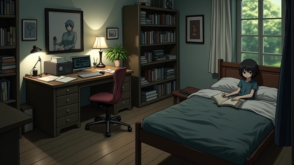 a bedroom of a nerdy anime girl, on the style of the "Death Note" anime series, (no-character:1.4), masterpiece, precision