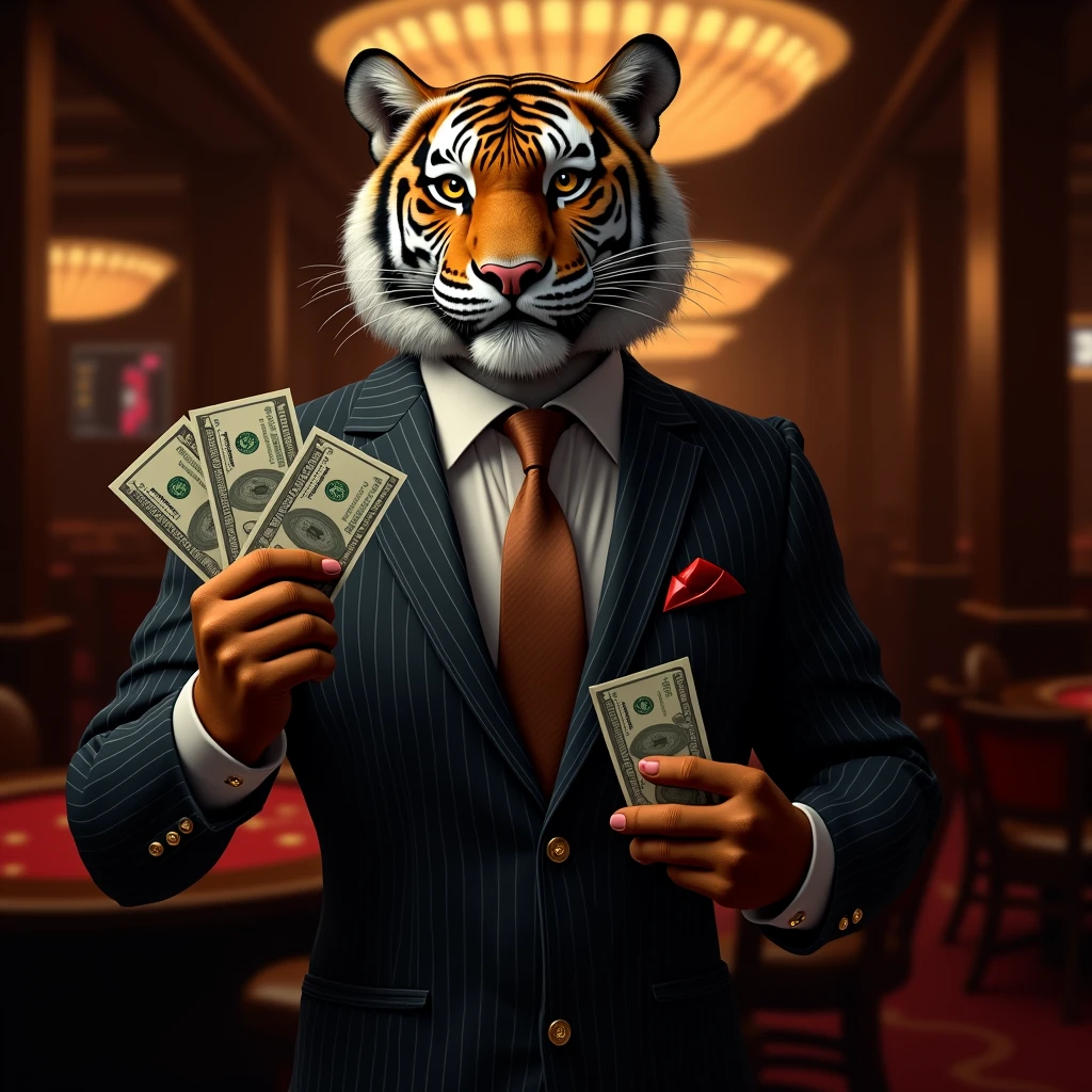 Create a tiger in a suit looking like a casino owner, offering casino tokens in one hand and banknotes in the other, The image must be on the front and bring it closer to the screen, leave the background dark preferably but so that it is visible to see the casino