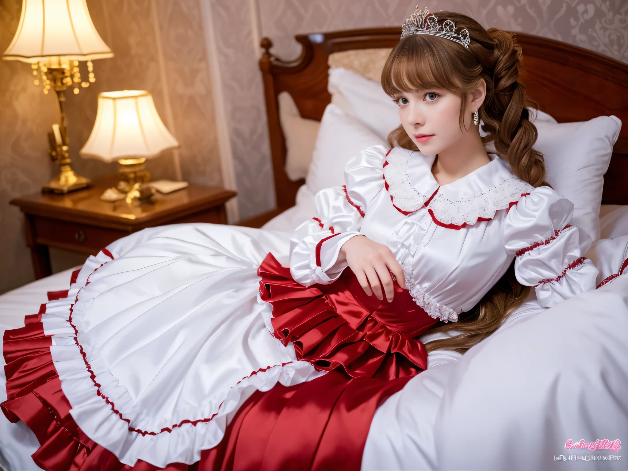 ,highest quality, masterpiece, highest resolution, artwork, super それにget used to it, many get used to it, get used to it, それにget used to it, 3k realistic pictures,,((10 year old little girls)),Ultra-detailed juvenile face,three are princesses,full length ball gown dress with hoop skirt,ruffled yoke collar,puff sleeves,long sleeve,((Lolita style red detailed princess satin dress with lots of ruffles and ribbons)),Rococo style lolita fashion,shiny satin dress,Soft and smooth fabric,luxury,long blonde hair,blue eyes,white skin european,Pajama,((in the bedroom)),luxury princess canopy frilled bed,super detailed bed,lying on the bed,High-quality background,