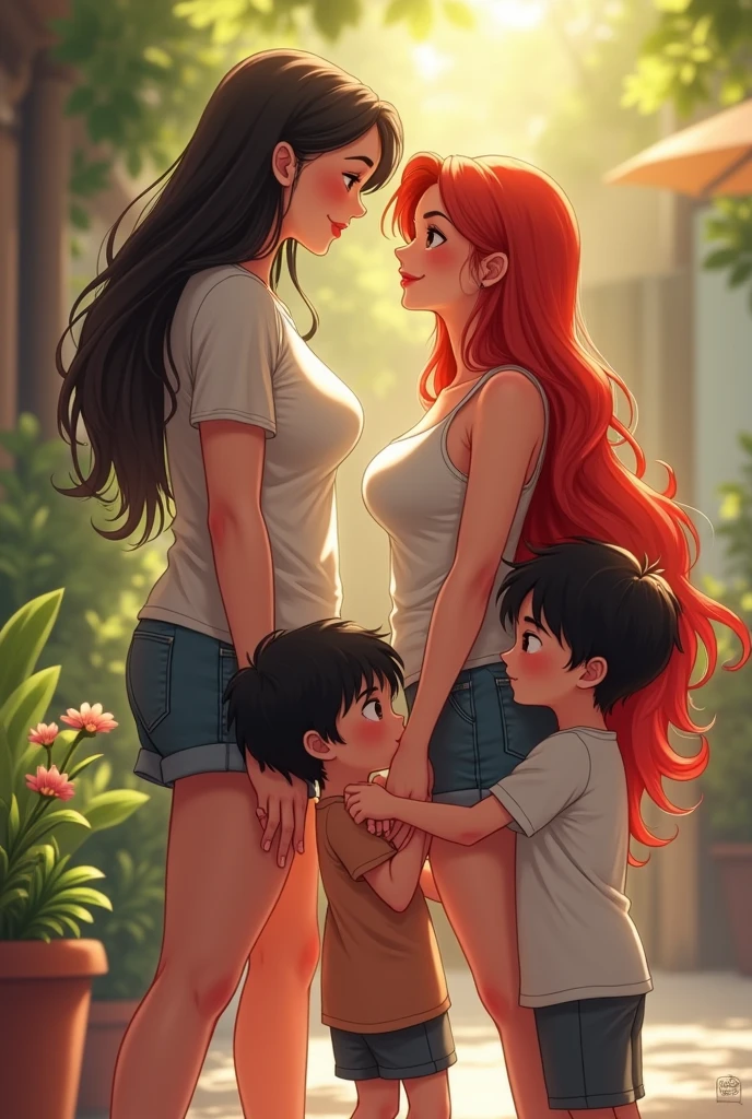 Taller black hair mature women wearing t-shirt holding hand with long red hair mature women with big breast wearing singlet and she have two little sons with black hair Standing Besides them playing together