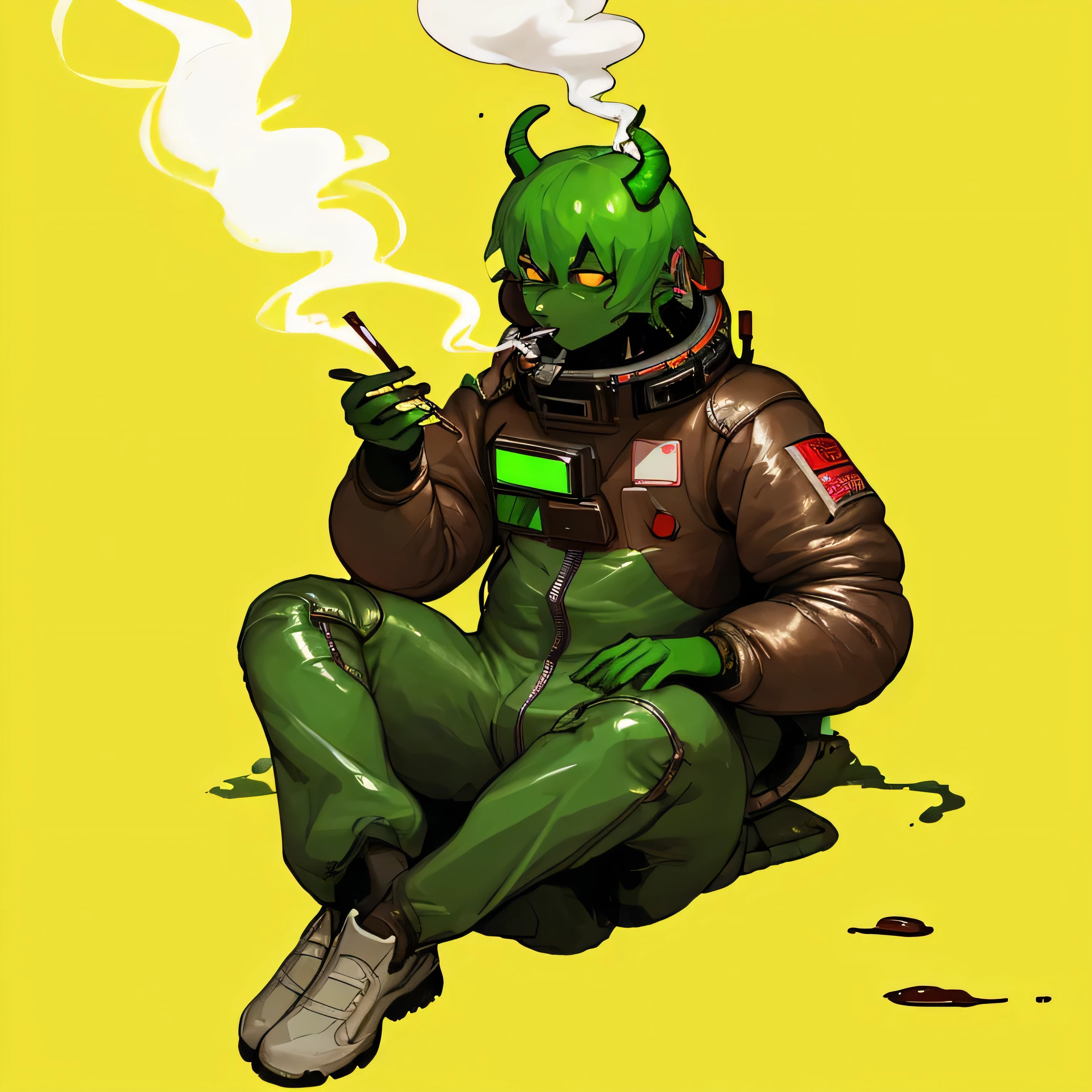 Green Demon。smoking a cigarette。Melted chocolate on the head　Baggy space suit