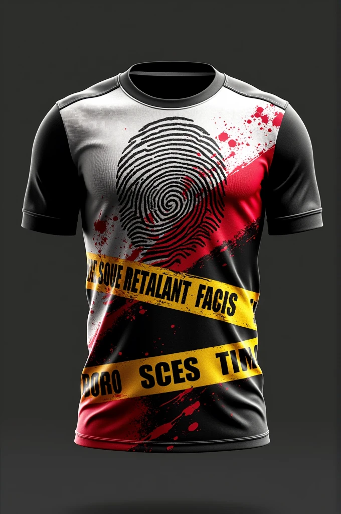 Forensic theme jersey design for forensic week/event
Smaller Fingerprint ridges, red blood splatter, tyre marks, tape on shirt
Black, red, yellow, white on shirt
Fingerprint and blood is must