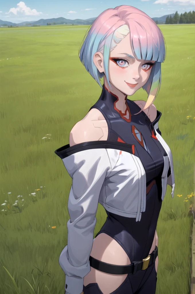 masterpiece, best quality,
1girl, lucyna, short hair, bangs, multicolored hair, multicolored eyes, red eyeliner, makeup, bare shoulders,  jacket, leotard, bodysuit, belt,
upper body, smile, looking at viewer, solo, grass, blue sky, meadow background  