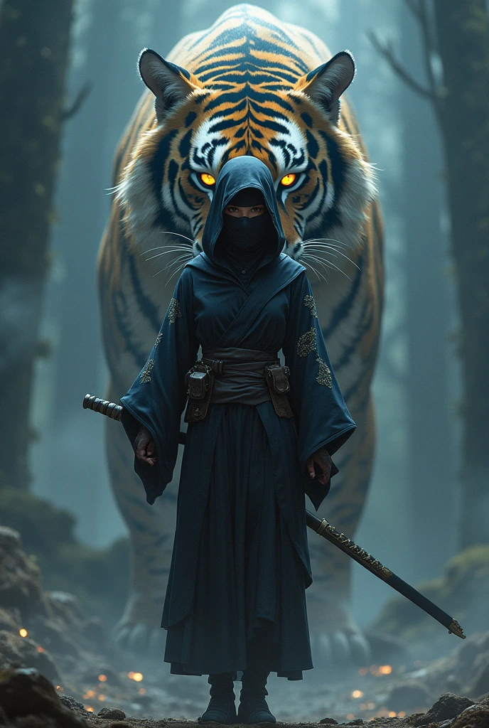 A Magic card, The Gathering. Representative Yuriko, the Shadow of the Tiger,
A ninja, with a guardian spirit of a tiger in the background.